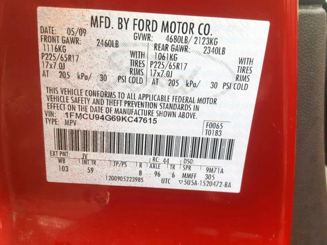 1FMCU94G69KC47615 - 2009 FORD ESCAPE LIM RED photo 10