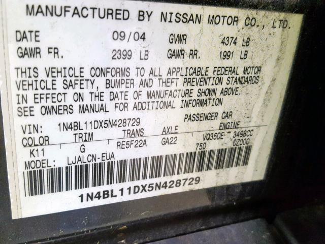 1N4BL11DX5N428729 - 2005 NISSAN ALTIMA SE CHARCOAL photo 10