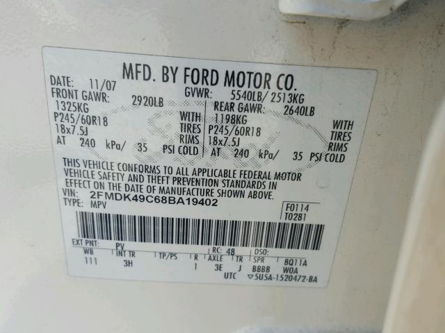 2FMDK49C68BA19402 - 2008 FORD EDGE LIMIT WHITE photo 10