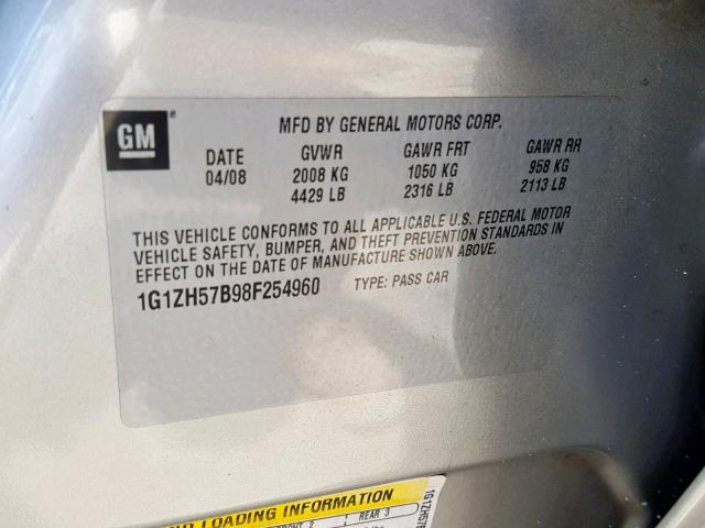 1G1ZH57B98F254960 - 2008 CHEVROLET MALIBU 1LT 银色 照片 10