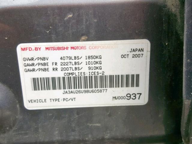 JA3AU26U98U605877 - 2008 MITSUBISHI LANCER ES GRAY photo 10