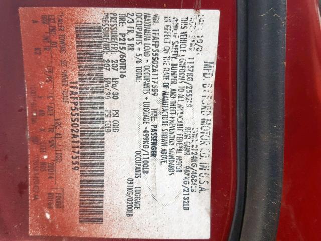 1FAFP55S02A117559 - 2002 FORD TAURUS SES MAROON photo 10