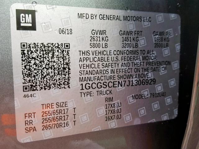 1GCGSCEN7J1306929 - 2018 CHEVROLET COLORADO L GRAY photo 10