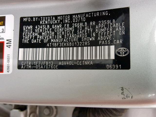 4T1BF3EK6BU132285 - 2011 TOYOTA CAMRY BASE GRAY photo 10