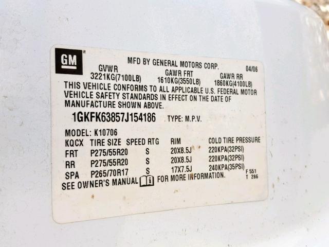 1GKFK63857J154186 - 2007 GMC YUKON DENA WHITE photo 10