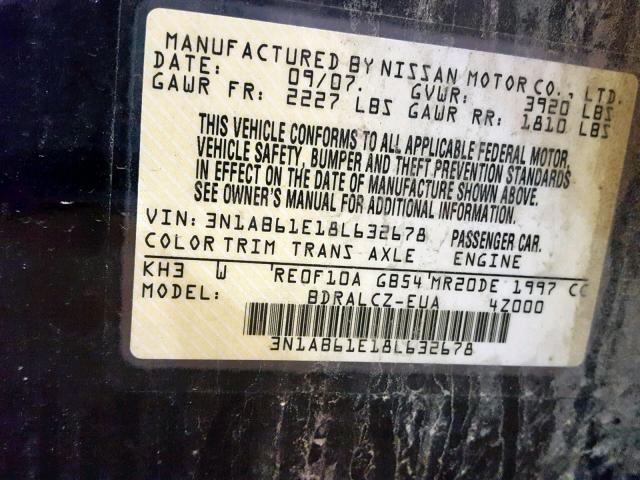 3N1AB61E18L632678 - 2008 NISSAN SENTRA 2.0 BLACK photo 10