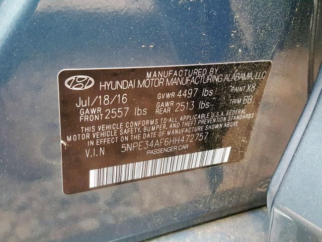 5NPE34AF6HH472757 - 2017 HYUNDAI SONATA SPO BLUE photo 10