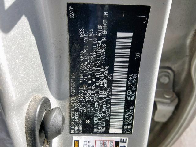 JTEGD21A450121672 - 2005 TOYOTA HIGHLANDER SILVER photo 10