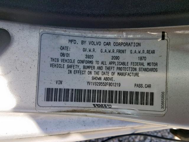 YV1VS29552F801219 - 2002 VOLVO S40 1.9T SILVER photo 10