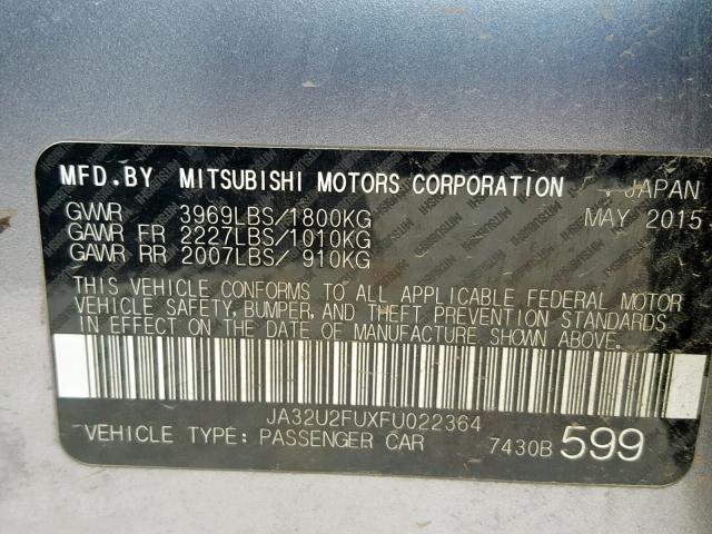 JA32U2FUXFU022364 - 2015 MITSUBISHI LANCER ES SILVER photo 10