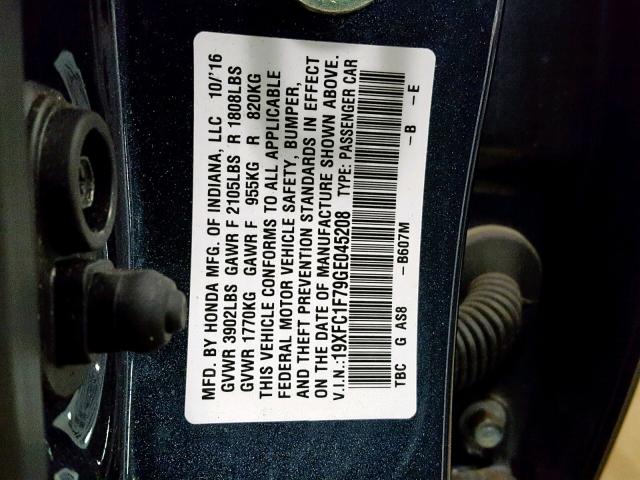 19XFC1F79GE045208 - 2016 HONDA CIVIC EXL 蓝色 照片 10