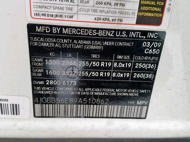 4JGBB56E89A510862 - 2009 MERCEDES-BENZ ML 350 WHITE photo 10