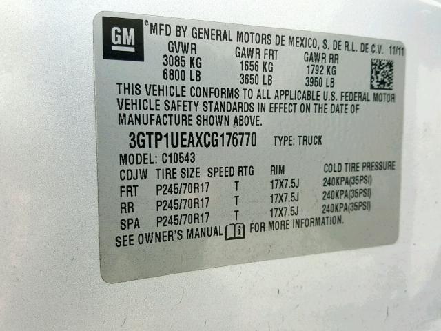 3GTP1UEAXCG176770 - 2012 GMC SIERRA C15 SILVER photo 10