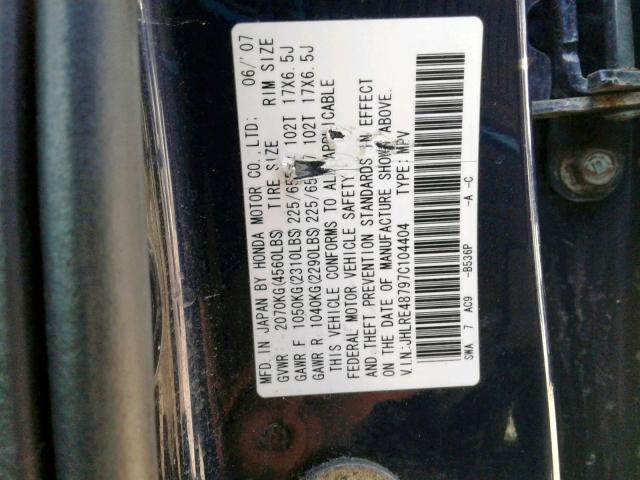 JHLRE48797C104404 - 2007 HONDA CR-V EXL BLUE photo 10