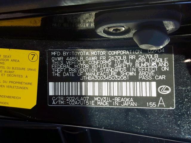 JTHBA30G345032081 - 2004 LEXUS ES 330 BLACK photo 10