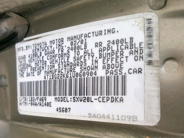 4T1BG22K61U060904 - 2001 TOYOTA CAMRY CE 棕色 照片 10