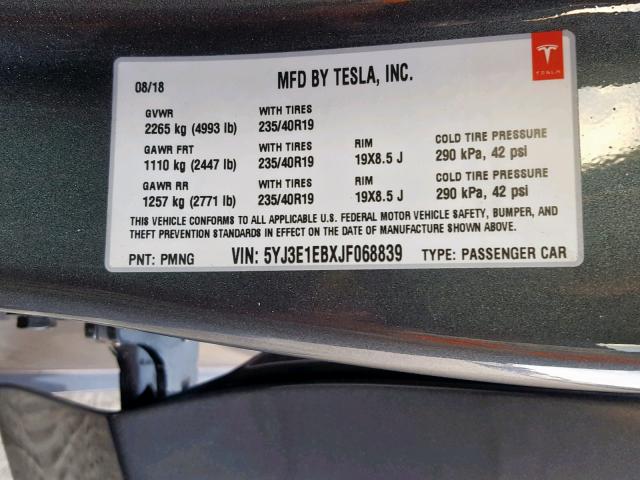 5YJ3E1EBXJF068839 - 2018 TESLA MODEL 3 GRAY photo 10