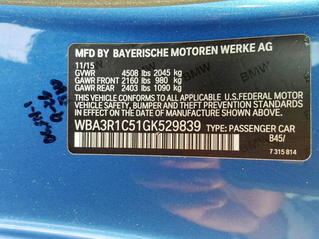 WBA3R1C51GK529839 - 2016 BMW 435 I BLUE photo 10