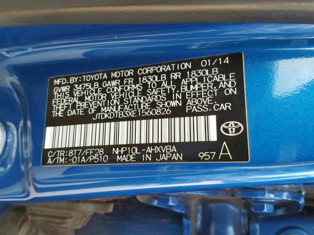 JTDKDTB3XE1560826 - 2014 TOYOTA PRIUS C BLUE photo 10