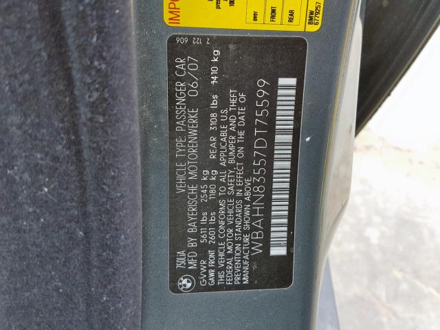 WBAHN83557DT75599 - 2007 BMW 750 GRAY photo 10