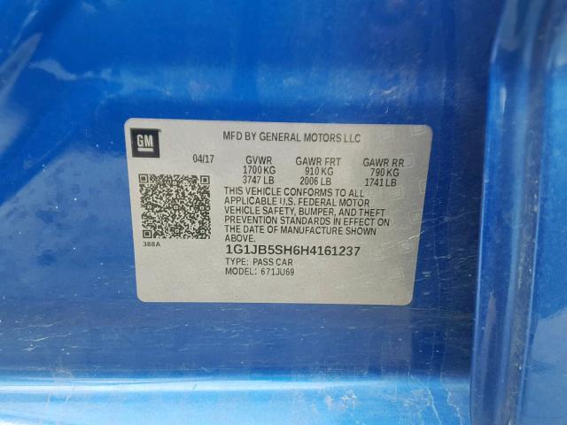 1G1JB5SH6H4161237 - 2017 CHEVROLET SONIC LS BLUE photo 10
