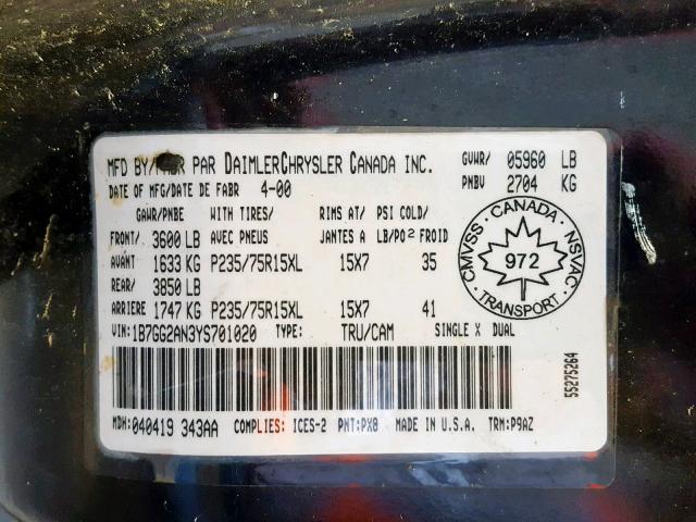 1B7GG2AN3YS701020 - 2000 DODGE DAKOTA QUA BLACK photo 10