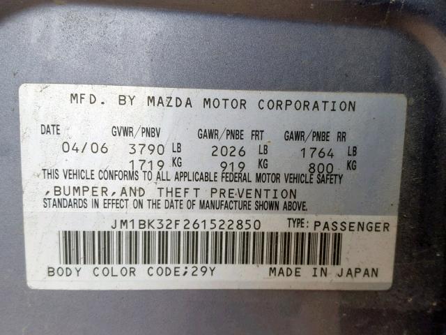 JM1BK32F261522850 - 2006 MAZDA 3 I GRAY photo 10