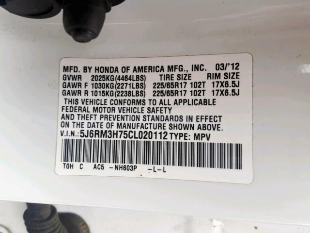 5J6RM3H75CL020112 - 2012 HONDA CR-V EXL WHITE photo 10