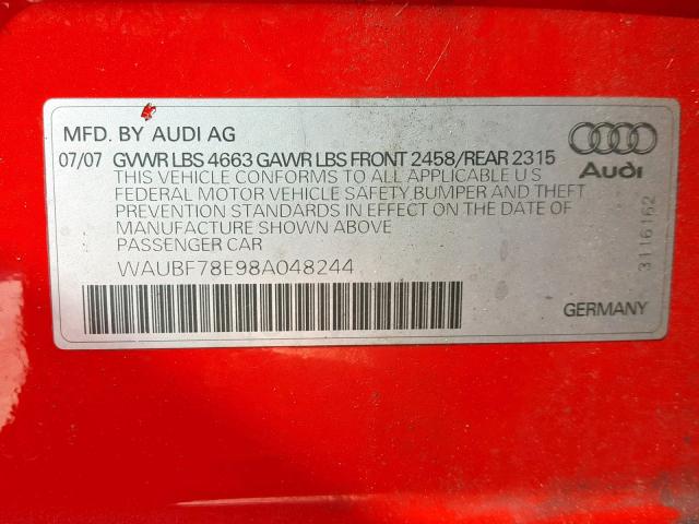 WAUBF78E98A048244 - 2008 AUDI A4 S-LINE RED photo 10