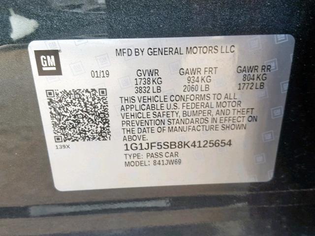 1G1JF5SB8K4125654 - 2019 CHEVROLET SONIC PREM GRAY photo 10