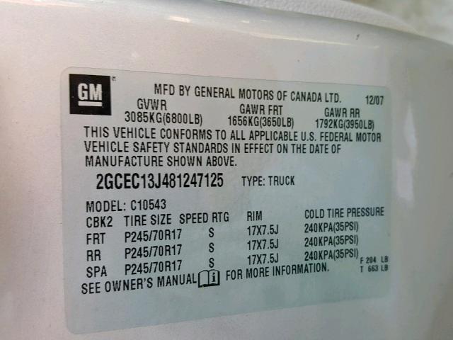 2GCEC13J481247125 - 2008 CHEVROLET SILVERADO SILVER photo 10