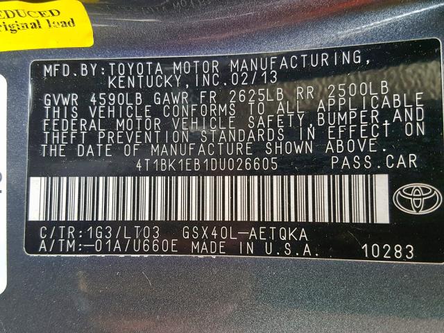 4T1BK1EB1DU026605 - 2013 TOYOTA AVALON BAS GRAY photo 10