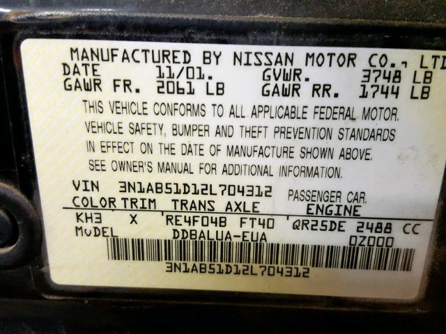 3N1AB51D12L704312 - 2002 NISSAN SENTRA SE- BLACK photo 10