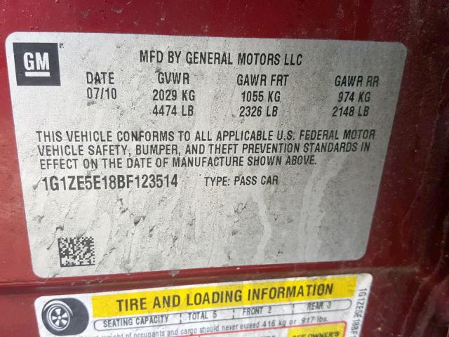 1G1ZE5E18BF123514 - 2011 CHEVROLET MALIBU LTZ მუქწითელი ფოტო 10