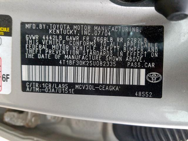 4T1BF30K25U082335 - 2005 TOYOTA toyota camry  photo 10