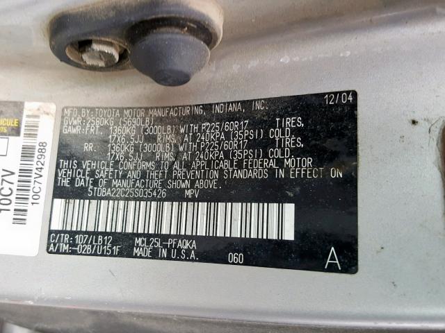 5TDBA22C25S035426 - 2005 TOYOTA SIENNA XLE SILVER photo 10