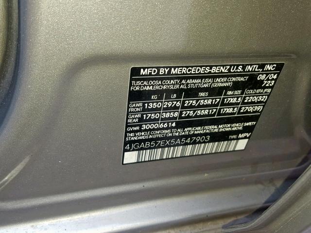 4JGAB57EX5A547903 - 2005 MERCEDES-BENZ ML 350 GRAY photo 10