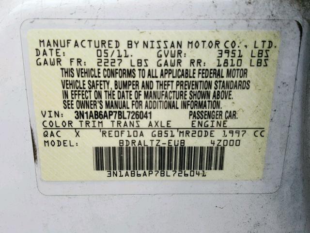 3N1AB6AP7BL726041 - 2011 NISSAN SENTRA 2.0 WHITE photo 10