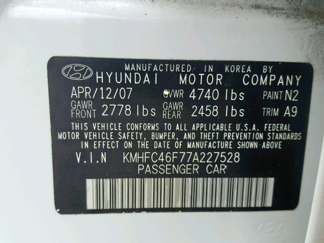 KMHFC46F77A227528 - 2007 HYUNDAI AZERA SE WHITE photo 10