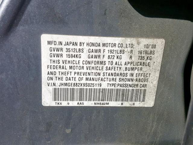 JHMGE882X9S025119 - 2009 HONDA FIT GRAY photo 10