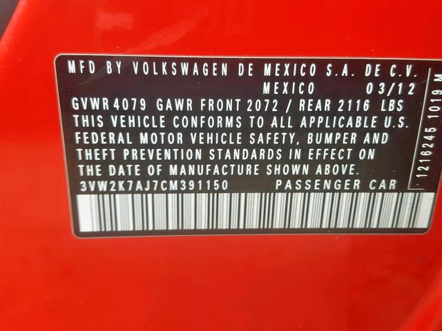 3VW2K7AJ7CM391150 - 2012 VOLKSWAGEN JETTA BASE RED photo 10