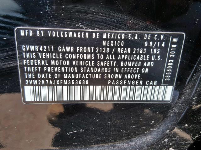 3VW2K7AJXFM353688 - 2015 VOLKSWAGEN JETTA BASE BLACK photo 10