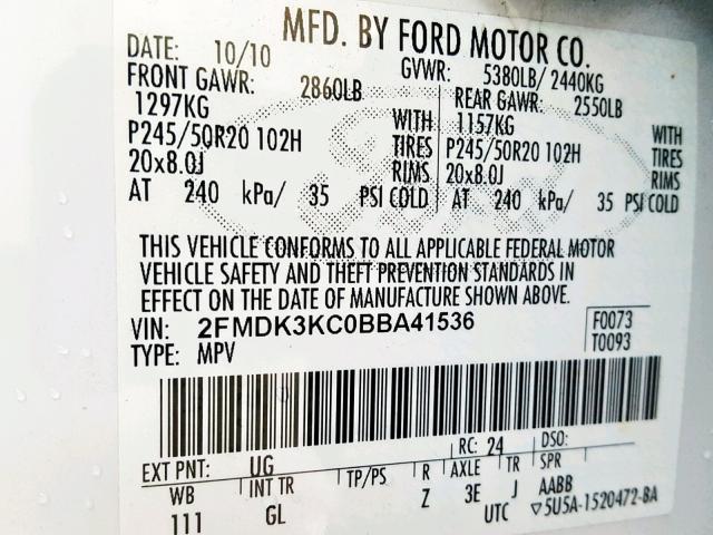 2FMDK3KC0BBA41536 - 2011 FORD EDGE LIMIT WHITE photo 10