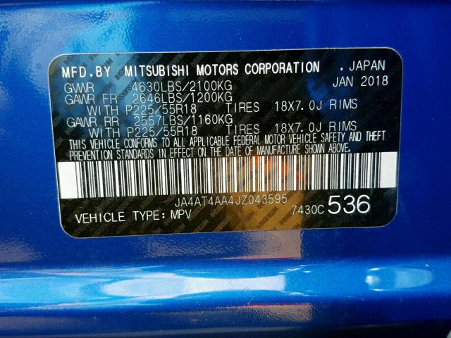 JA4AT4AA4JZ043595 - 2018 MITSUBISHI ECLIPSE CR BLUE photo 10