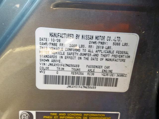 JNKAY01F47M456469 - 2007 INFINITI M35 BASE GRAY photo 10