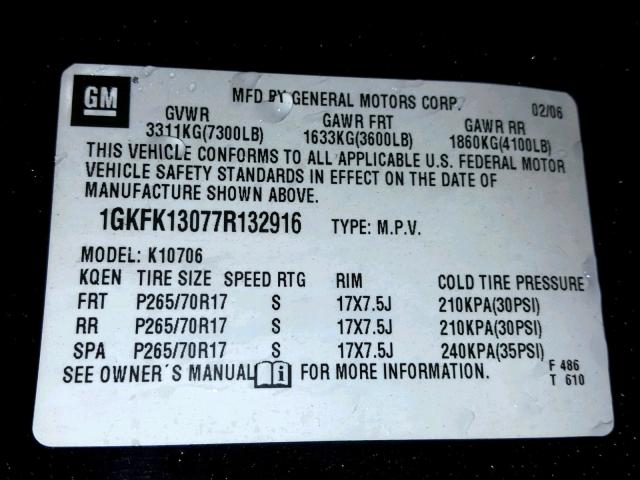 1GKFK13077R132916 - 2007 GMC YUKON BLACK photo 10