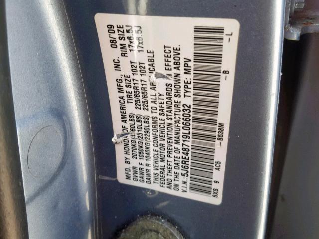 5J6RE48719L066032 - 2009 HONDA CR-V EXL SILVER photo 10