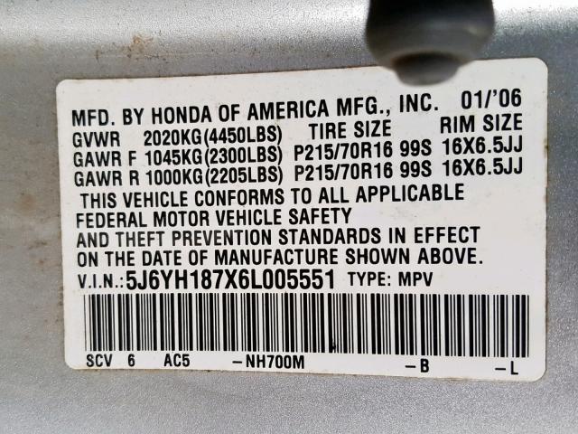 5J6YH187X6L005551 - 2006 HONDA ELEMENT EX SILVER photo 10