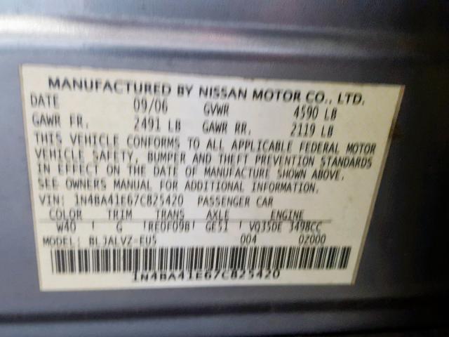 1N4BA41E67C825420 - 2007 NISSAN MAXIMA SE GRAY photo 10