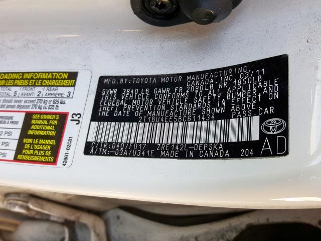 2T1BU4EE5BC611434 - 2011 TOYOTA COROLLA BASE  photo 10